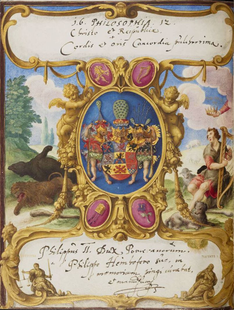 A detailed painting of a coat of arms with cherubic angels, a woman playing a lyre, and ornate scrollwork.