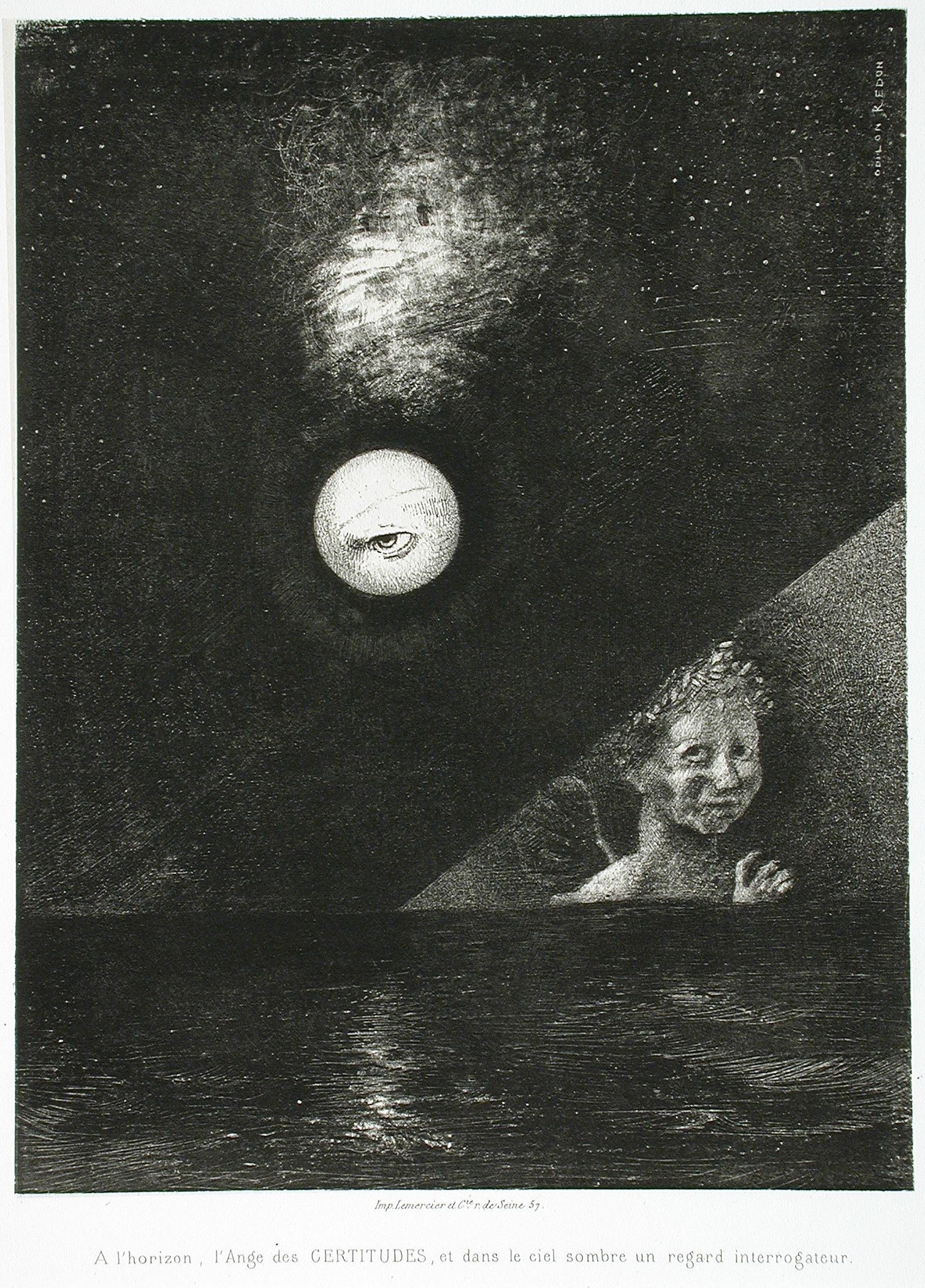 A black and white engraving depicting a surreal scene with a large eye within a circular form, a sculpted head emerging from water, and swirling clouds in the sky.