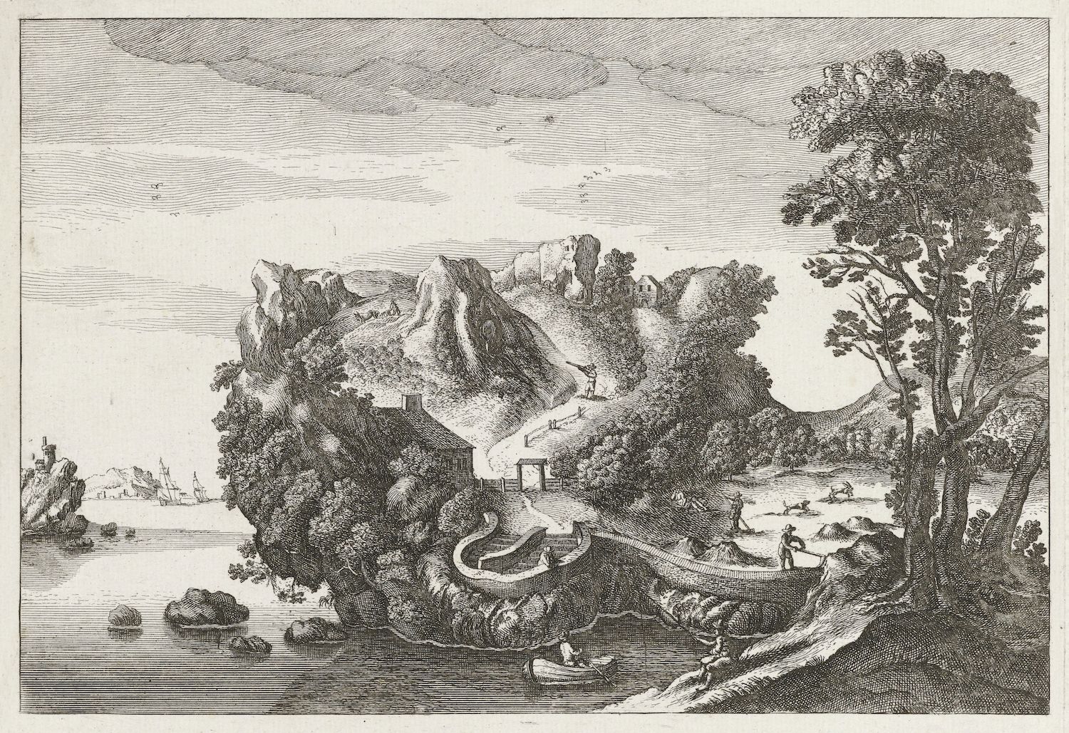A black and white engraving of a rocky mountain surrounded by water, with figures walking along a path and a ship sailing in the distance.