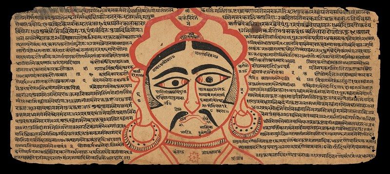 Detailed illustration of a yantra or mandala with a stylized face at its center, surrounded by geometric patterns and script.