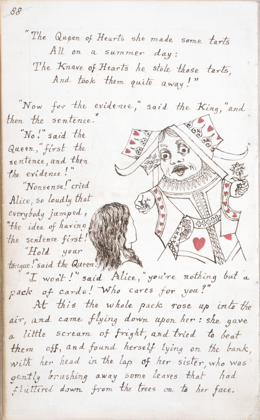 A page from a book with an illustration of Alice being lifted into the air by a swirling mass of playing cards, while the Queen of Hearts sits on a throne made of cards.