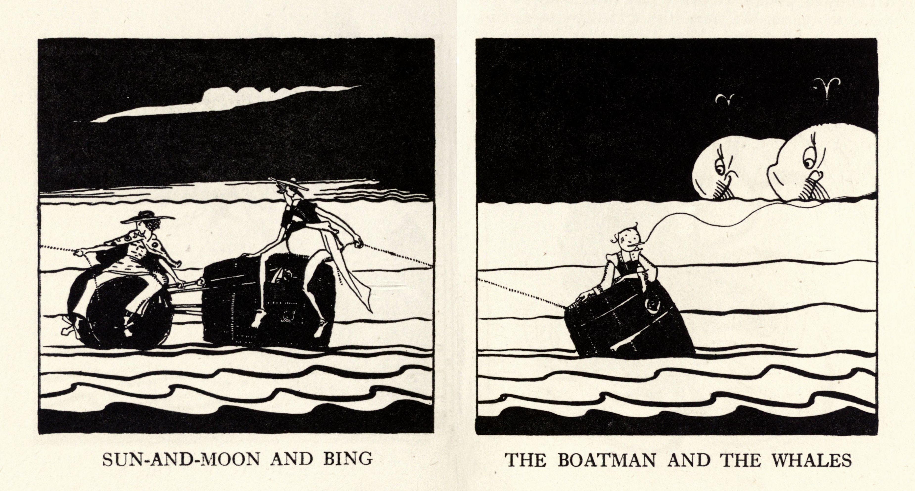 Two black and white illustrations depicting surreal scenes on water. The first shows two figures riding the sun and moon, and the second shows a boatman being pulled by whales.