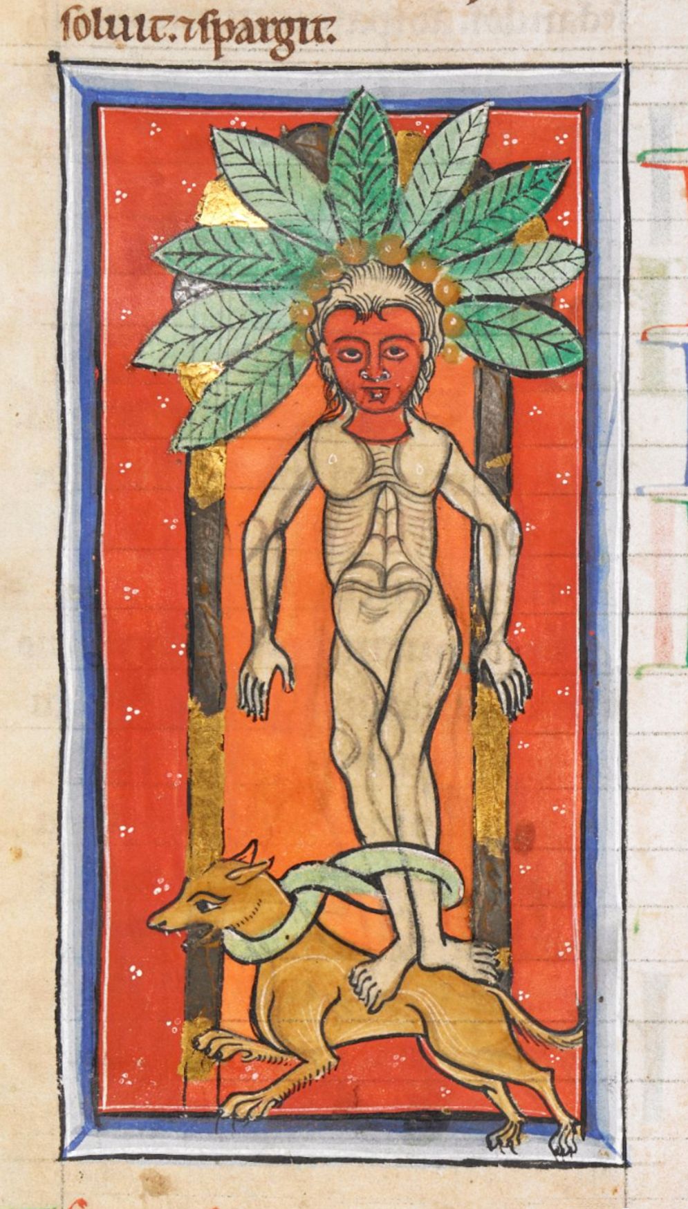 Medieval manuscript illumination of a nude man under a tree with an animal running towards him.
