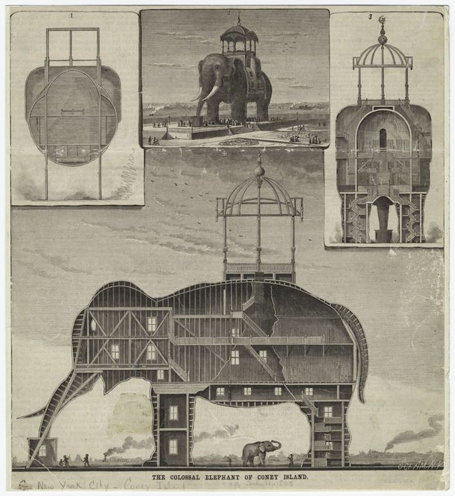 Vintage illustration of a colossal elephant-shaped building with a detailed cross-section revealing the interior.