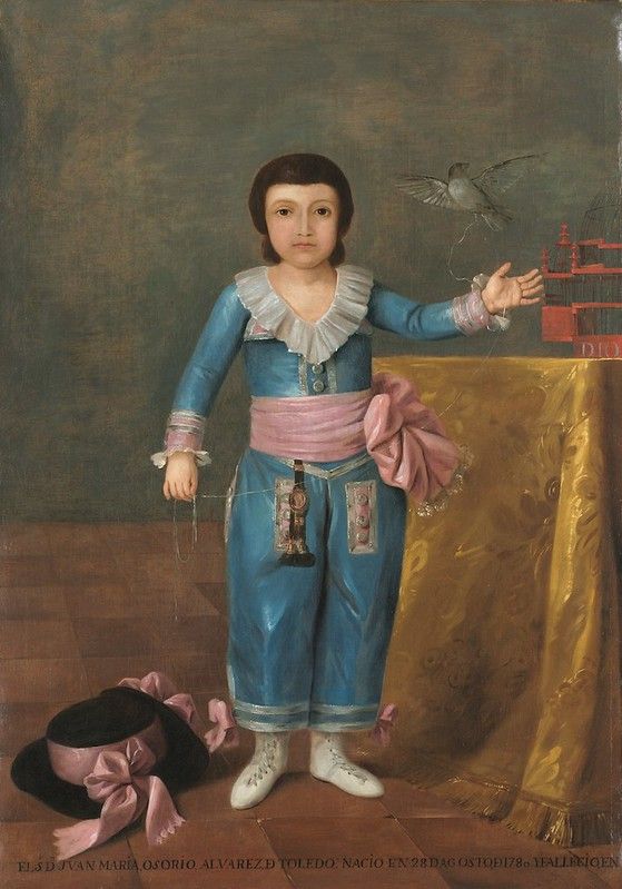 Portrait of a young boy in a blue suit with a birdcage and dove.