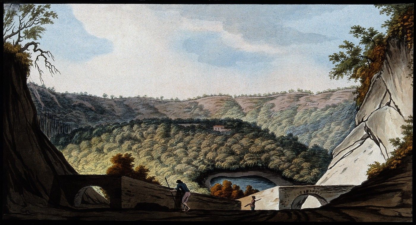 Watercolor painting of a valley landscape with a stone bridge and figures.