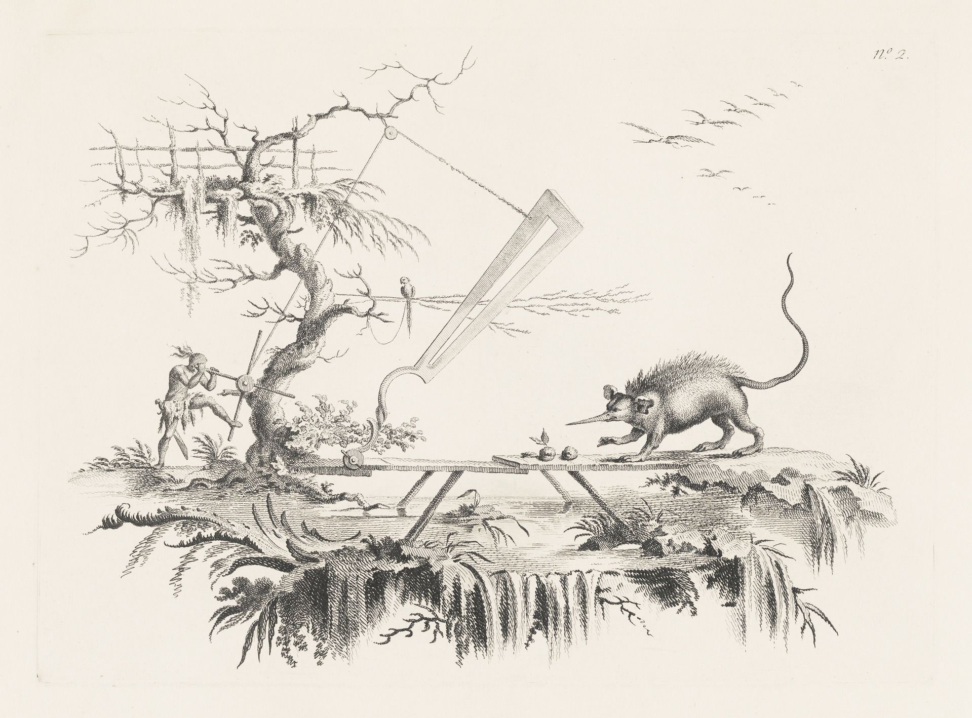 Vintage engraving of a hunting scene with a rat, a man, and a complex trap set in a marshy landscape.