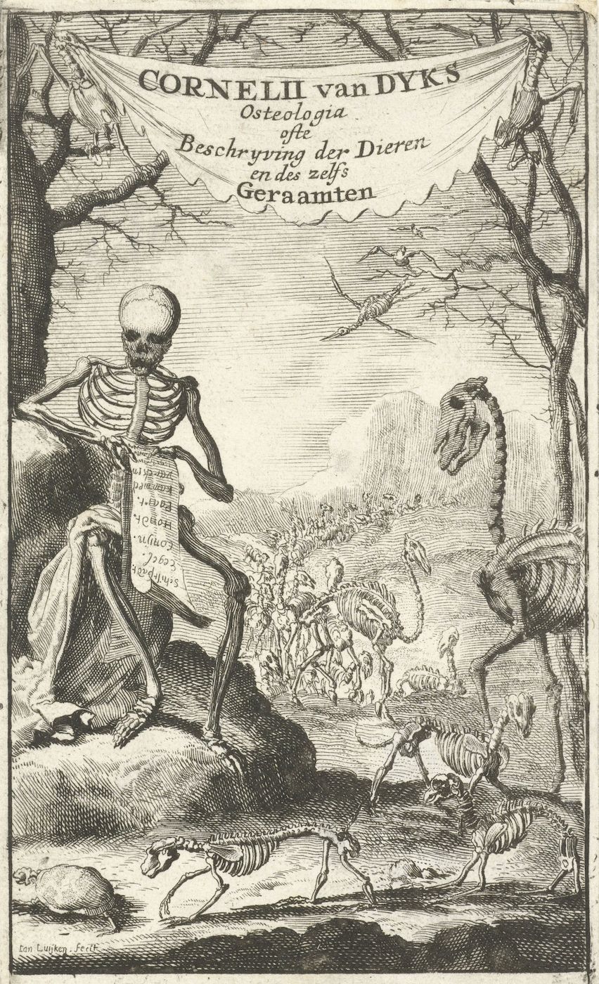 A black and white engraving depicting a skeletal figure seated beneath a bare tree, surrounded by the skeletal remains of various animals.