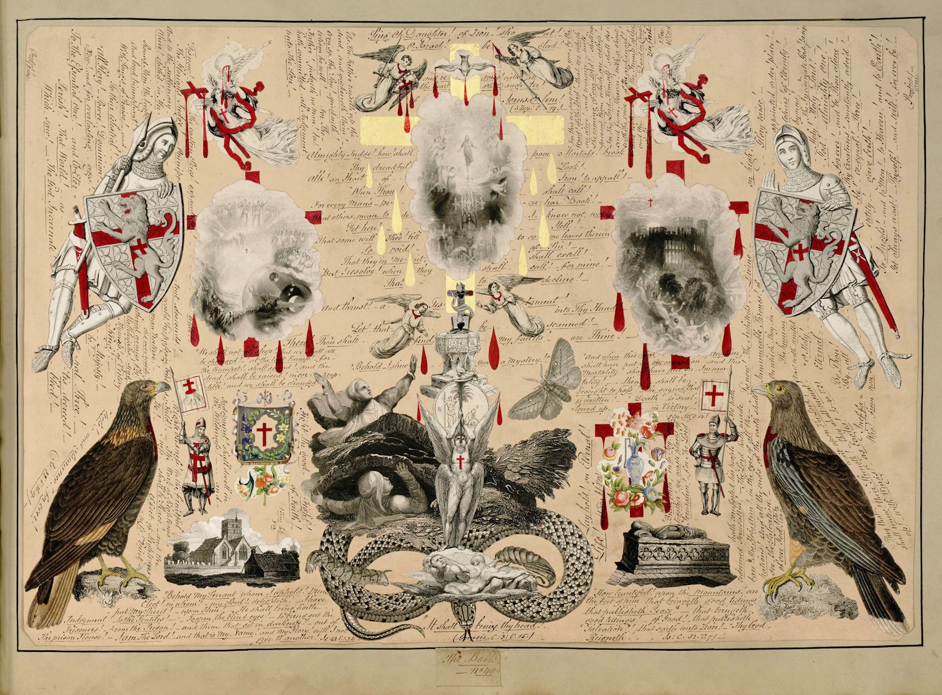 A detailed antique print with a central cross surrounded by knights, eagles, skulls, serpents, and handwritten text. The composition is filled with symbolic imagery and has a dark, dramatic atmosphere.