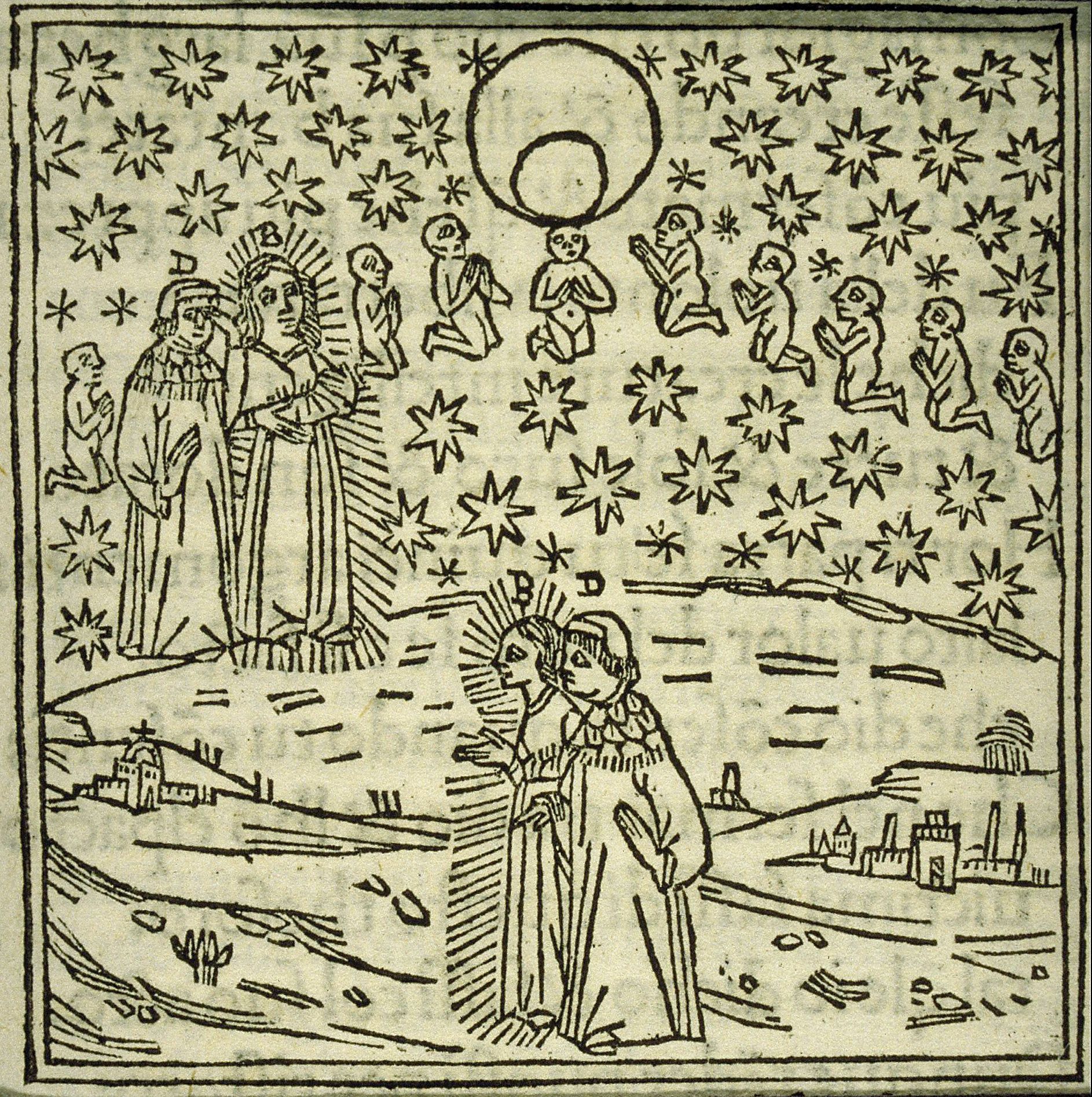 A black and white woodcut illustration depicting a monk kneeling in reverence as nude figures ascend into a star-filled sky with a central halo.