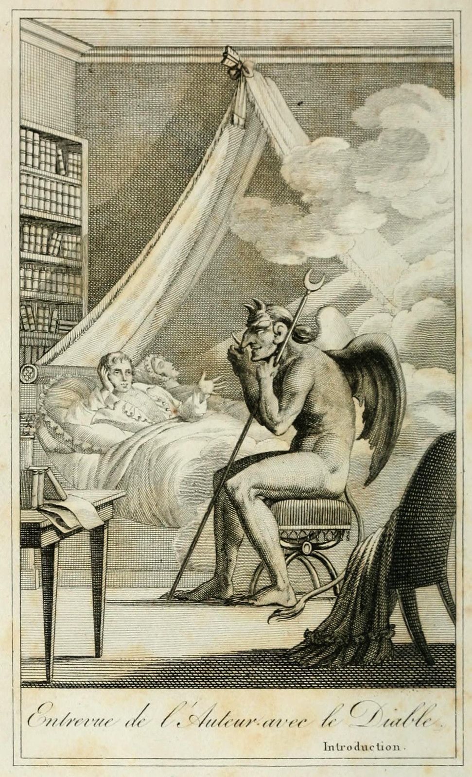 A black and white engraving depicting a man in bed being visited by a demonic figure.