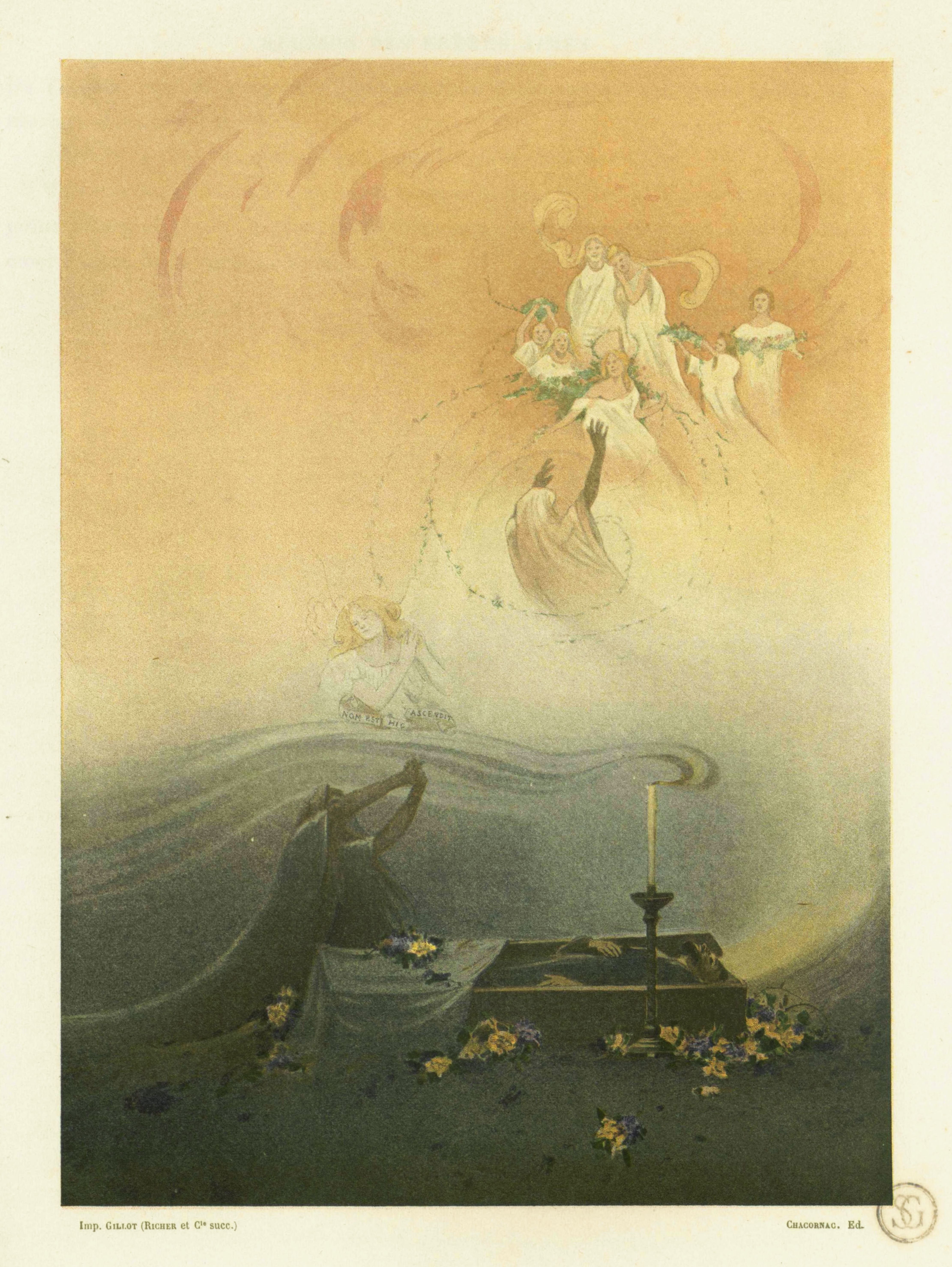 Vintage lithograph of a funeral scene with a kneeling figure, a coffin, and ascending angels.