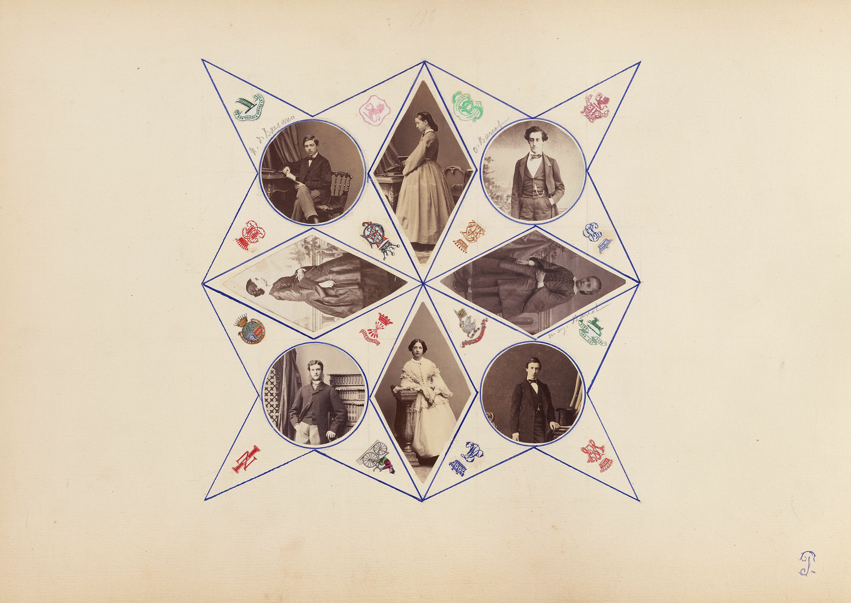 A vintage collage of nine oval portraits arranged in a star pattern, featuring individuals from the Victorian era in formal attire, each adorned with a small crest or coat of arms.
