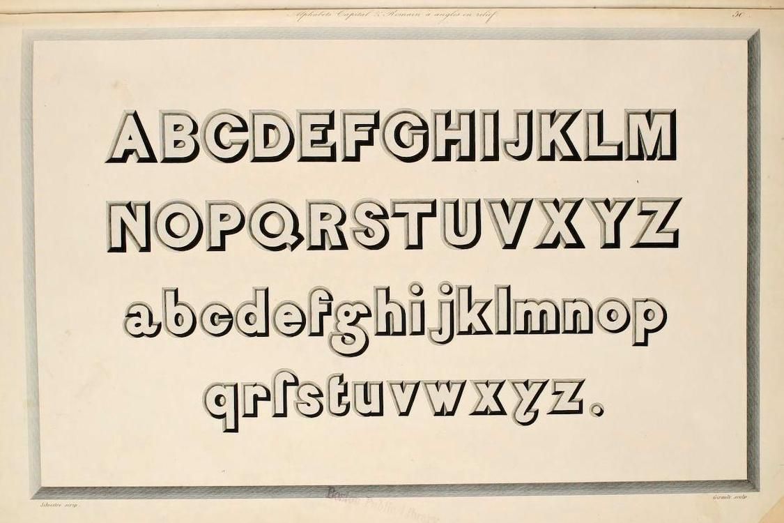 Vintage illustration of a complete alphabet in uppercase and lowercase, with a bold, three-dimensional effect.