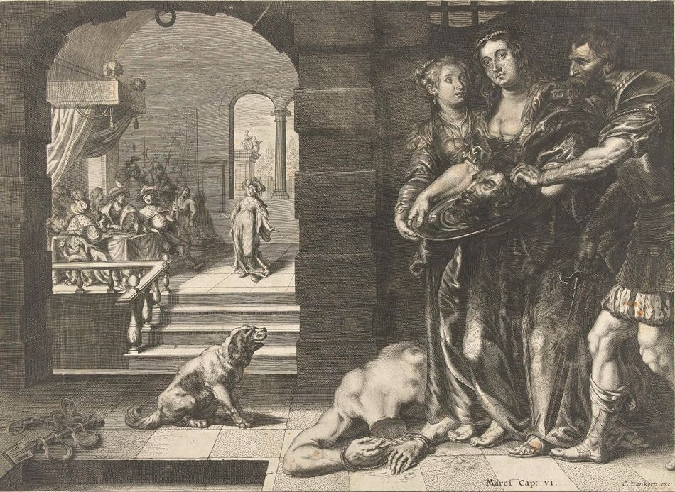 Black and white engraving of a woman cradling a dead man, with a dog nearby and a group of people feasting in the background.