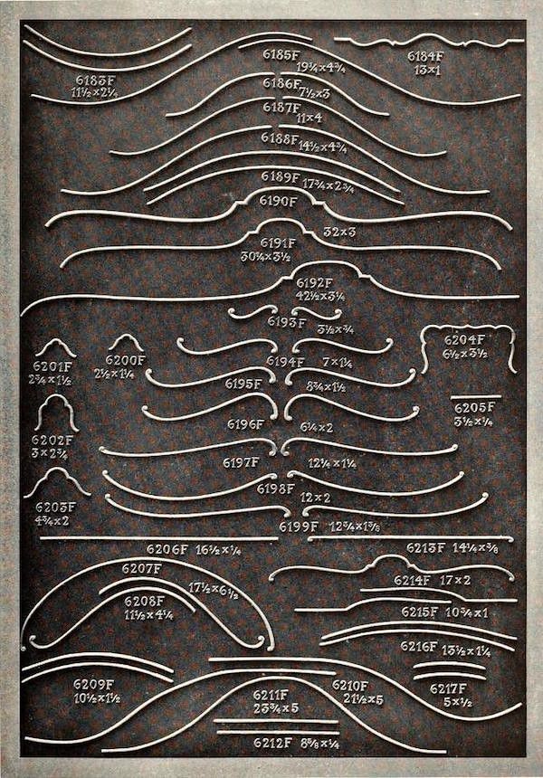 A technical diagram with numerous curved lines and shapes, each labeled with a code and dimensions.