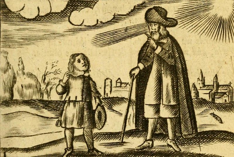 Vintage illustration of a man and boy in a landscape.