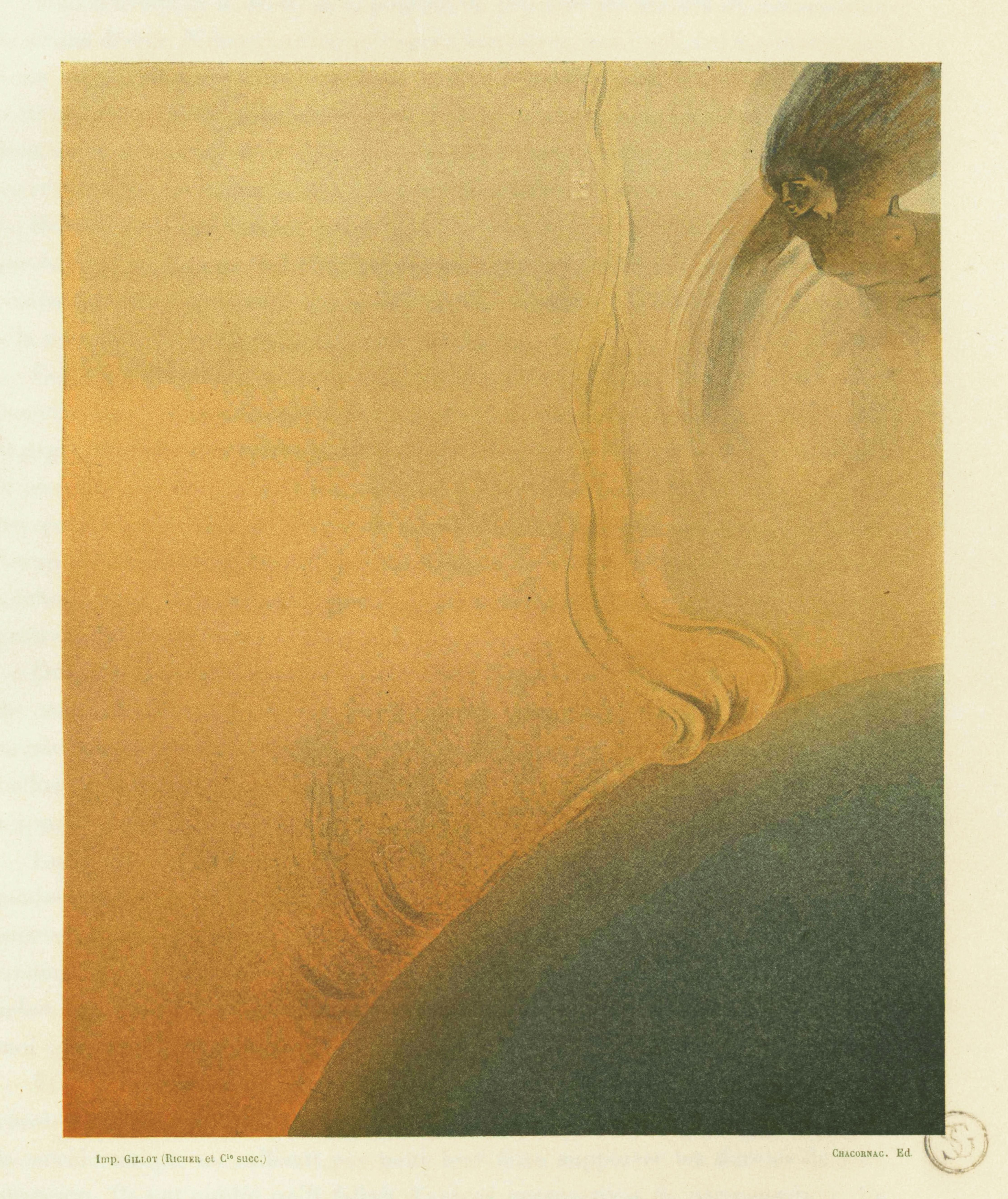 A vintage illustration of a woman in profile, her face partially obscured by long, flowing hair. The hair is the most prominent feature, depicted as a swirling, almost ethereal mass of light and shadow. The woman is wearing a dress that appears to be a muted green or olive color. The background is a soft, hazy yellow.