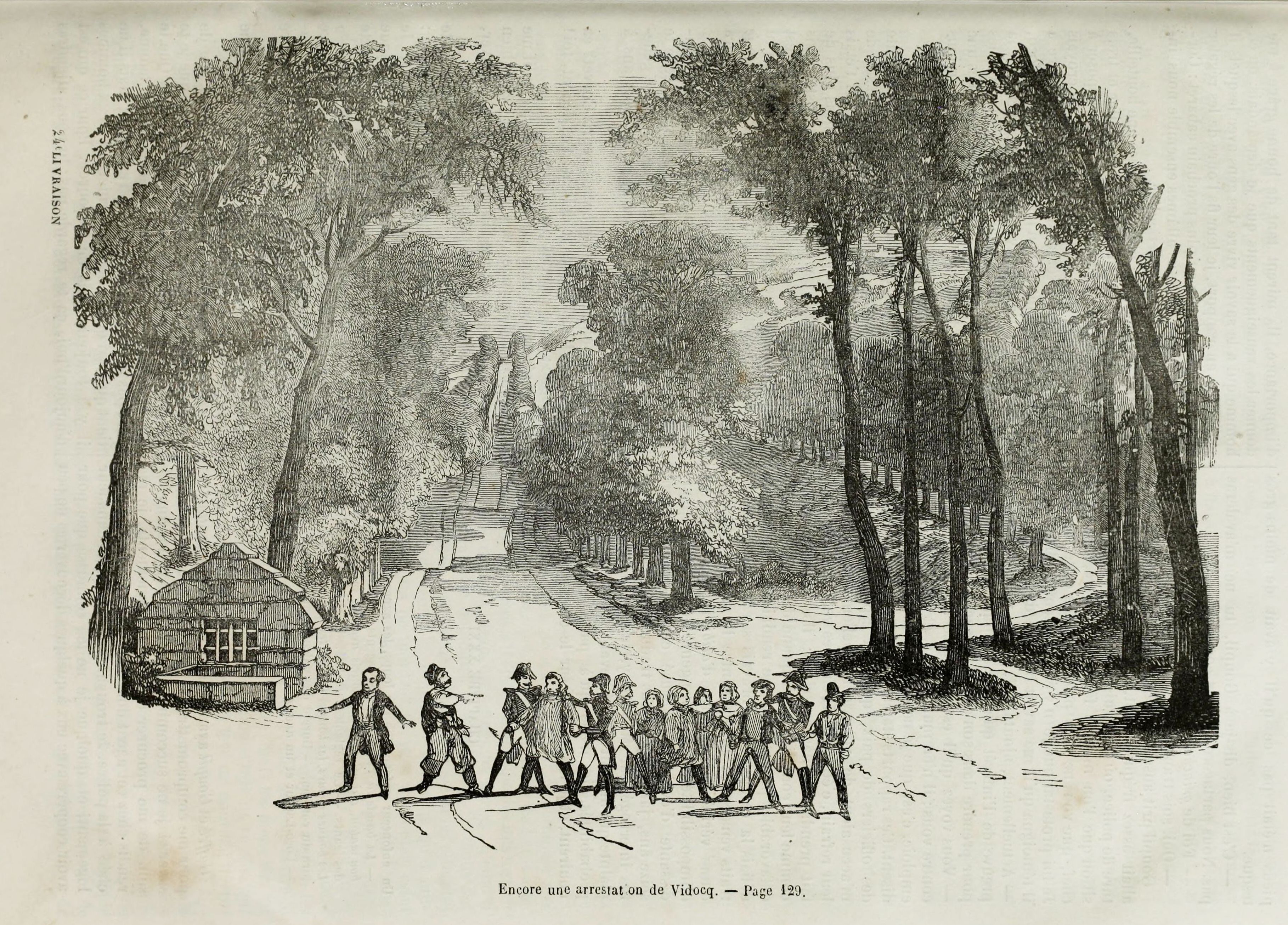A black and white illustration depicting a group of people walking along a dirt road through a dense forest.