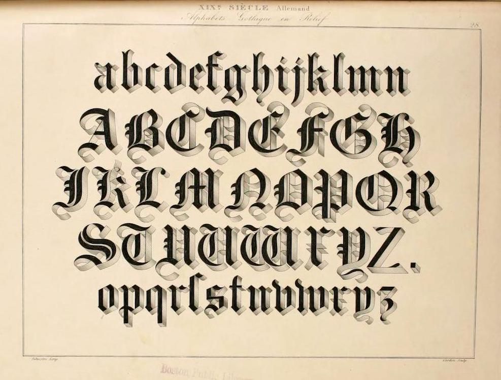 A page from a book displaying a decorative alphabet in Gothic or Old English style, with both lowercase and uppercase letters.