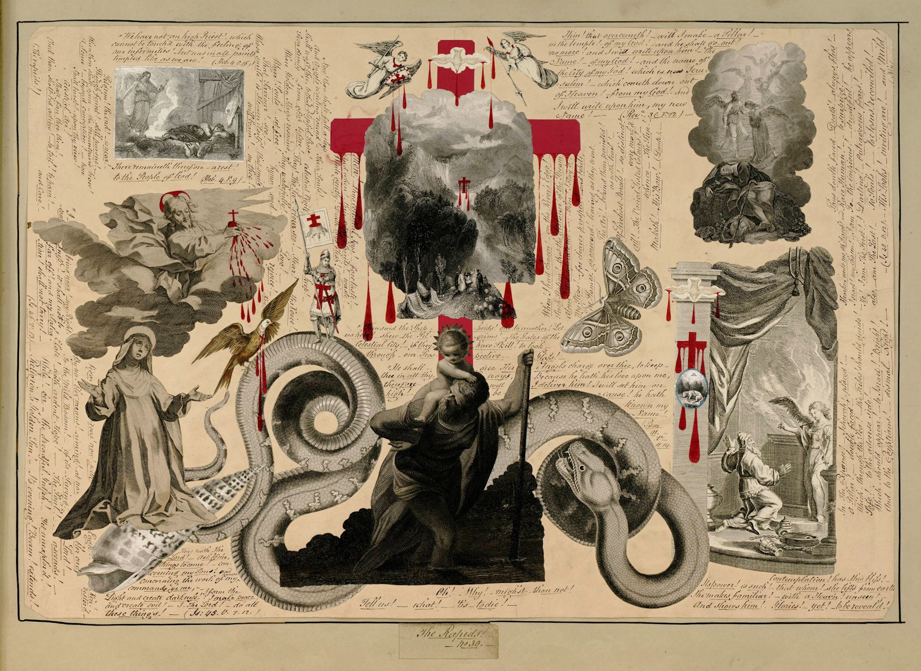 A vintage-style image featuring a large skull with red droplets falling from its eye sockets and mouth. The skull is surrounded by snakes, butterflies, and scenes of destruction, all overlaid with dense handwritten text.