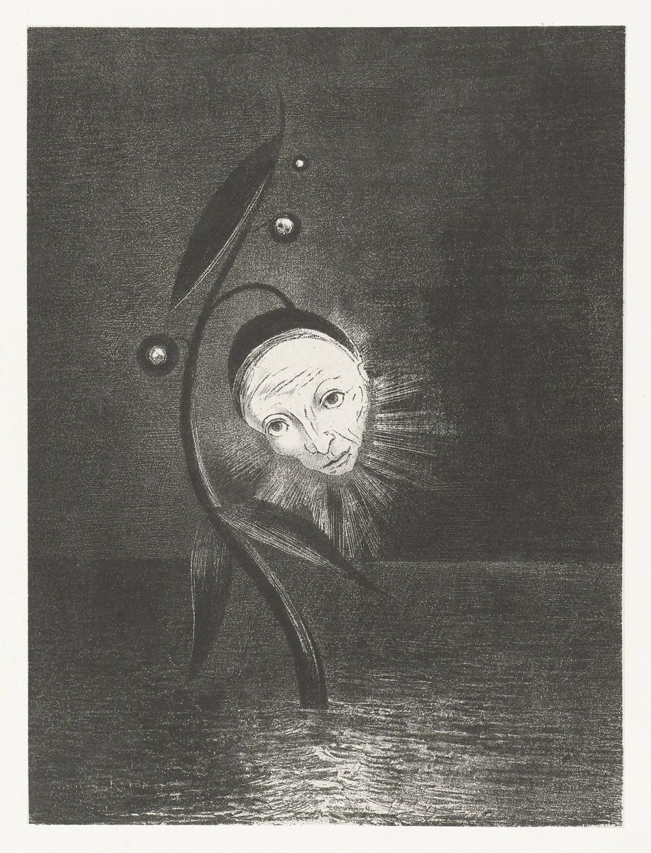 A black and white etching of a diver with a gaunt face in an old-fashioned helmet, submerged in dark water with bubbles and seaweed.