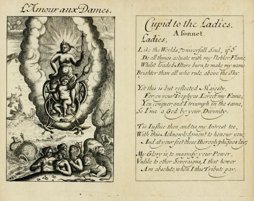 An engraving titled 'L'Amour aux Dames' with a poem titled 'Cupid to the Ladies. A Sonnet.' depicting Cupid on a cloud with satyrs and mythical creatures.