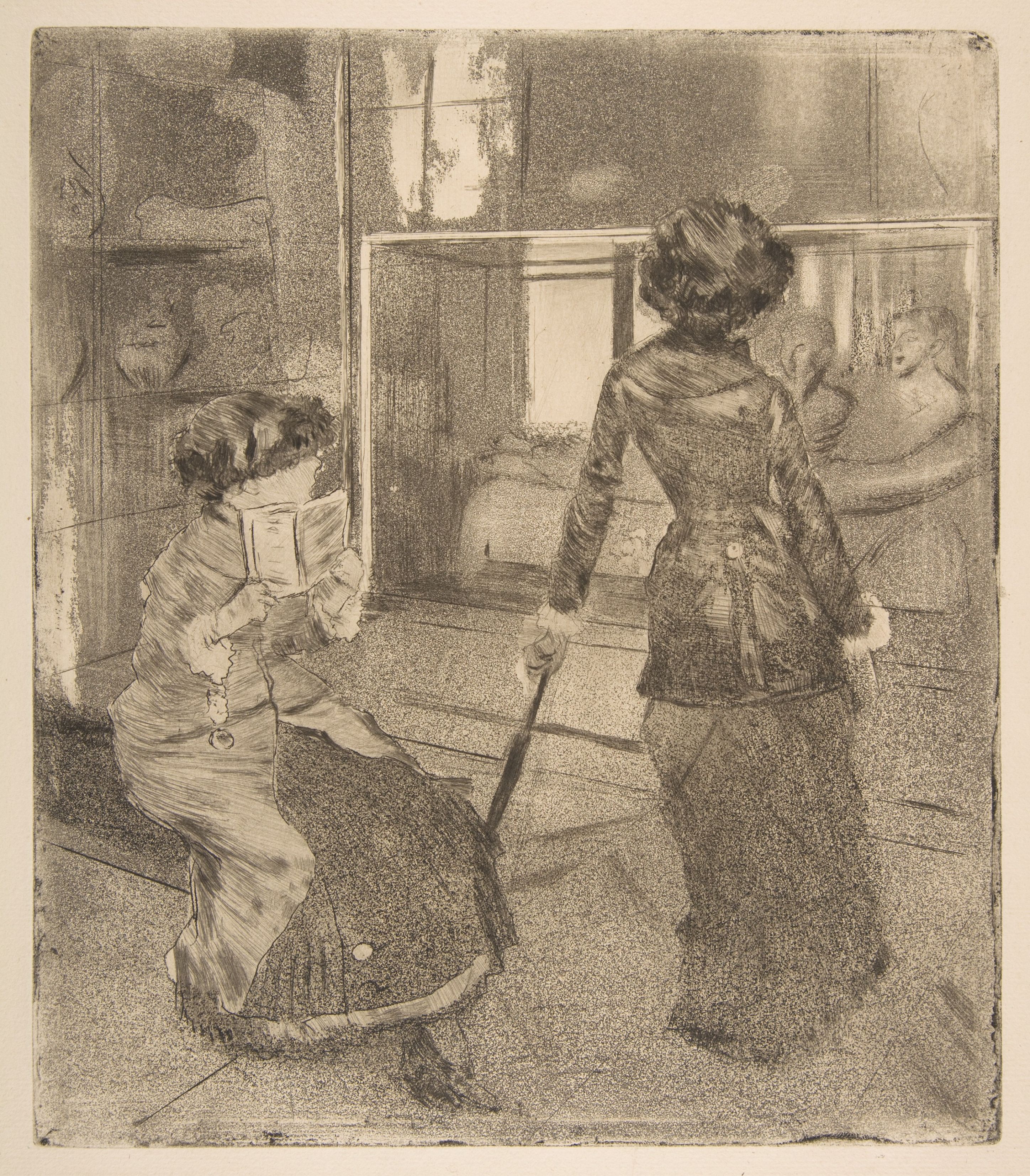 A black and white etching depicting two women in an interior setting. One woman is seated and reading a newspaper, while the other stands behind her, holding the handle of a baby carriage.