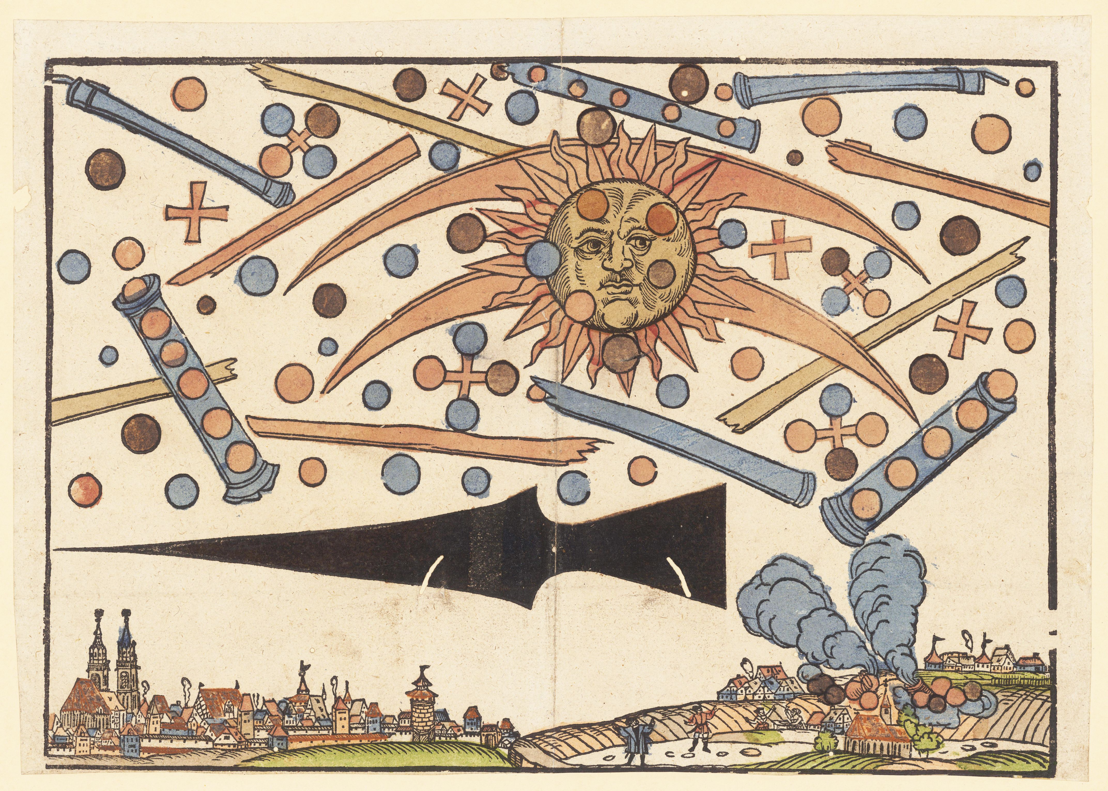 A hand-colored woodcut print depicting a fantastical scene with a sun, cannons, and a town.