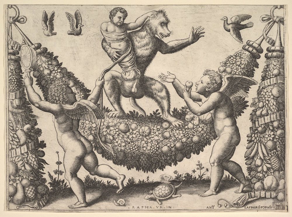 Engraving of a monkey holding a putto above a basket of fruit, with other putti, urns, and birds surrounding the scene.