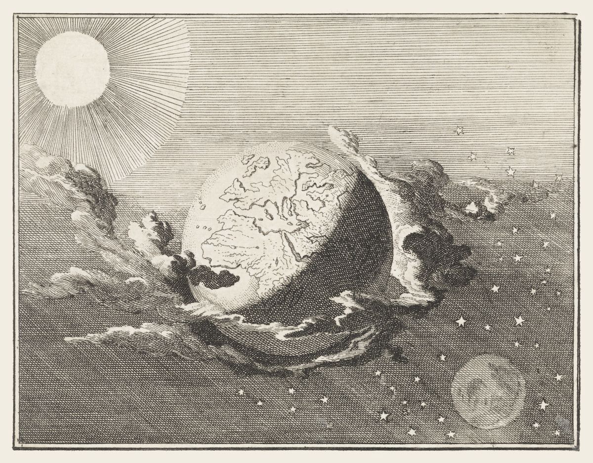 A black and white engraving of a ship caught in a storm, with a sun and moon in the sky.