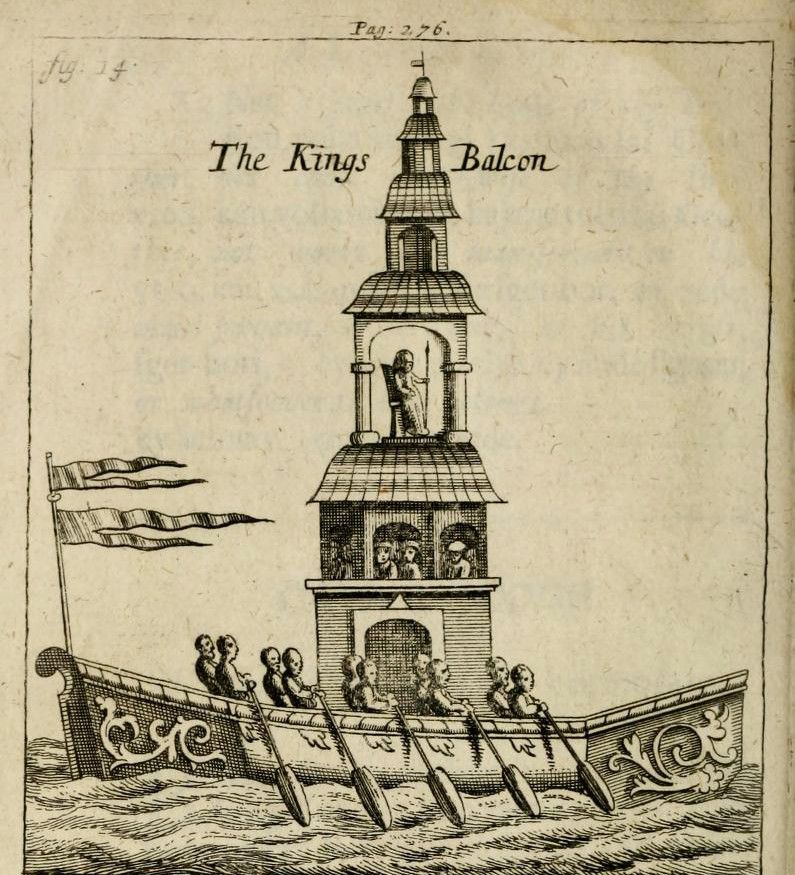 A vintage black and white woodcut illustration titled 'The Kings Balcon', depicting a multi-tiered balcony structure with people on each tier, and a semi-circular viewing platform filled with spectators. A flag is waving to the left of the balcony.