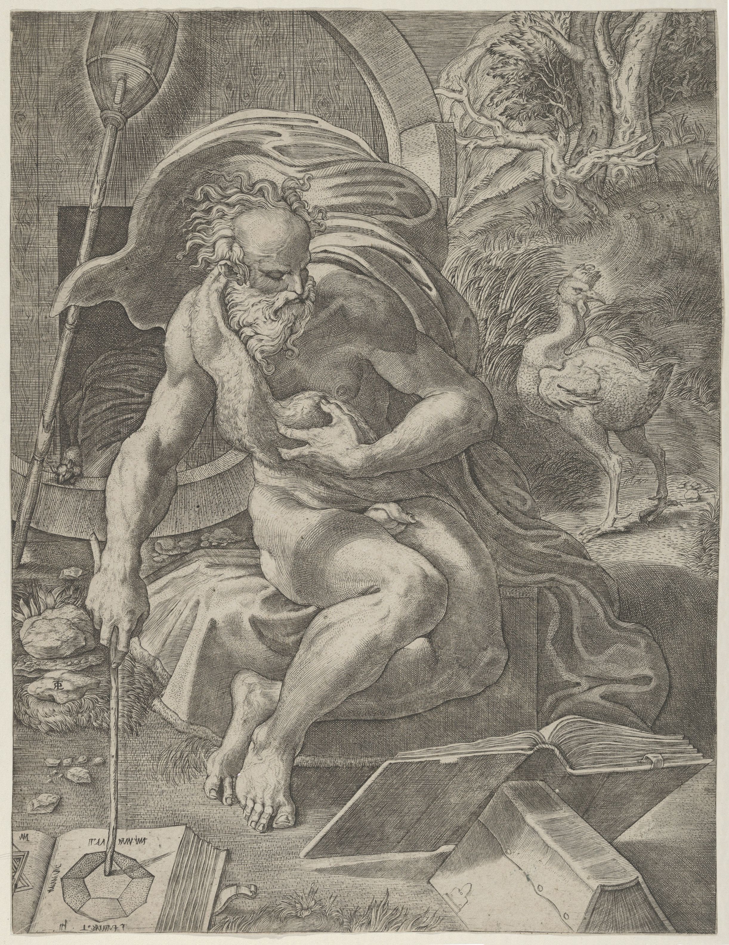 A black and white engraving of a nude, bearded man seated on a stone block, holding an open book. Behind him is a classical architectural structure with a column and arched doorway.