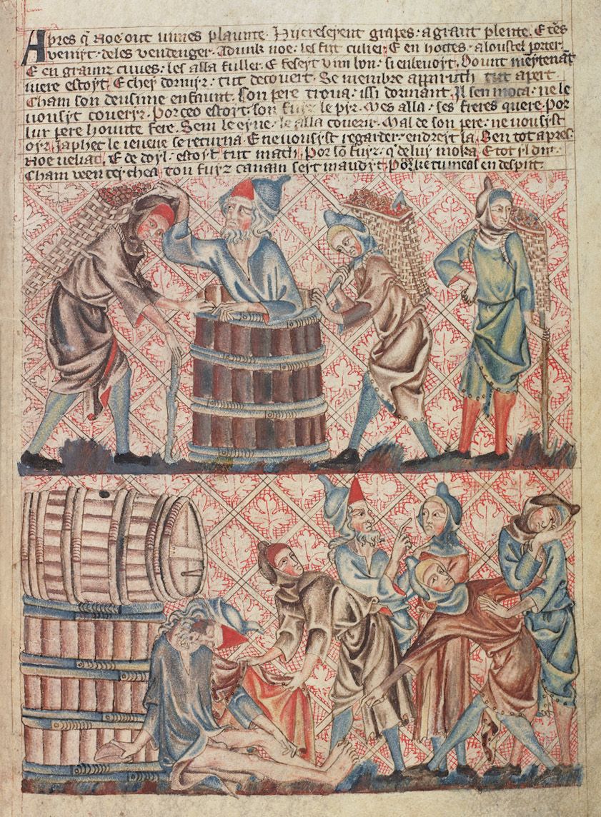 A medieval manuscript illumination depicting a lively gathering around barrels and a table, with figures dressed in colorful robes and hats.