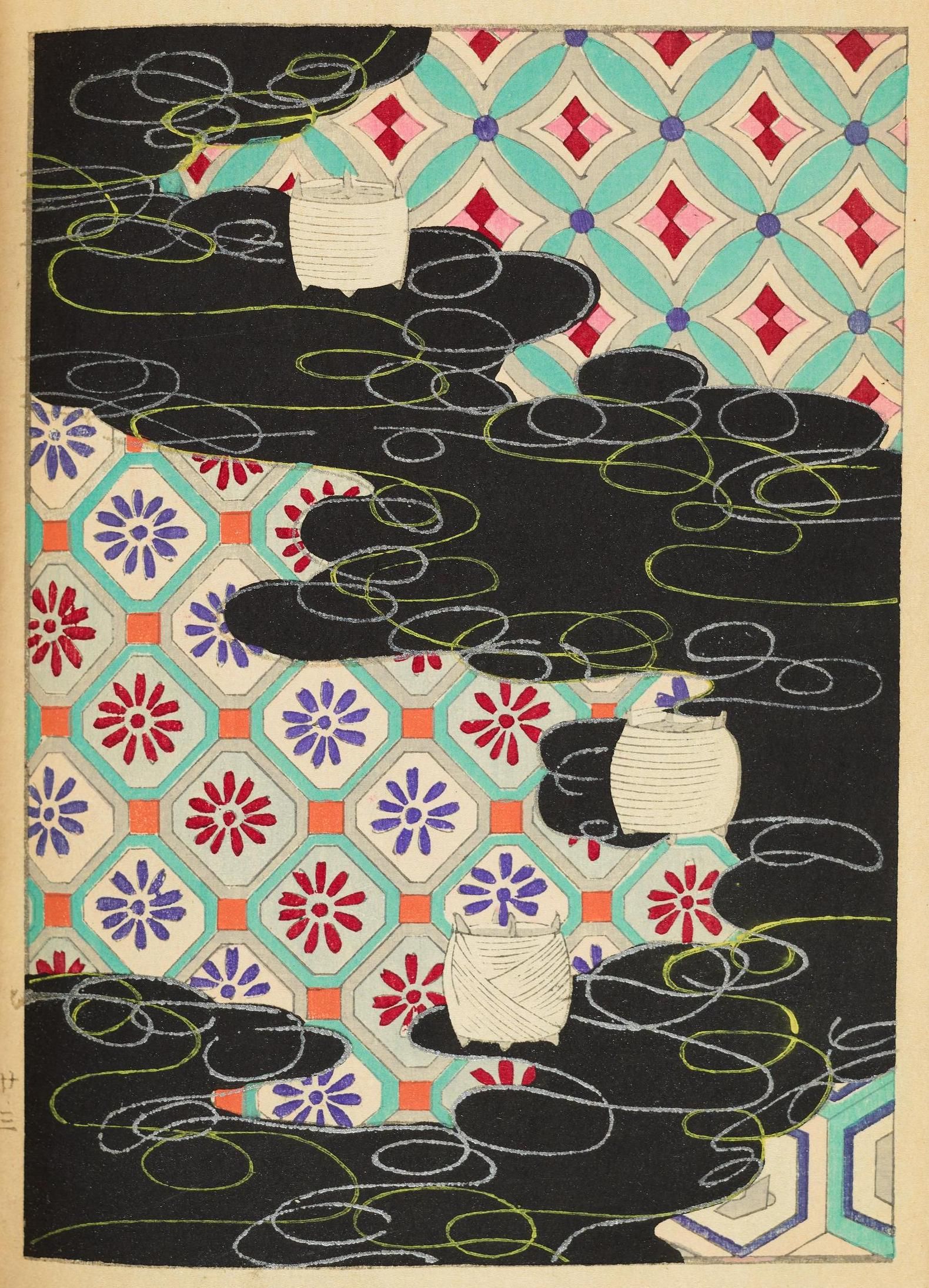 Vintage Japanese woodblock print of a person walking across a patterned floor with a large shadow.