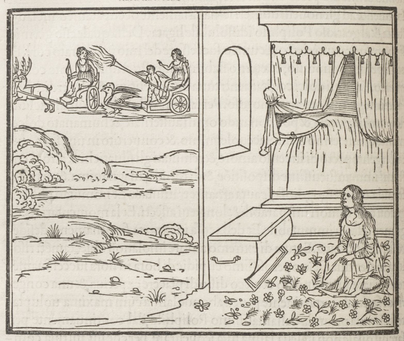 A black and white woodcut illustration depicting two scenes: a woman driving a carriage with a man and child, and a woman kneeling in a field looking towards a window.