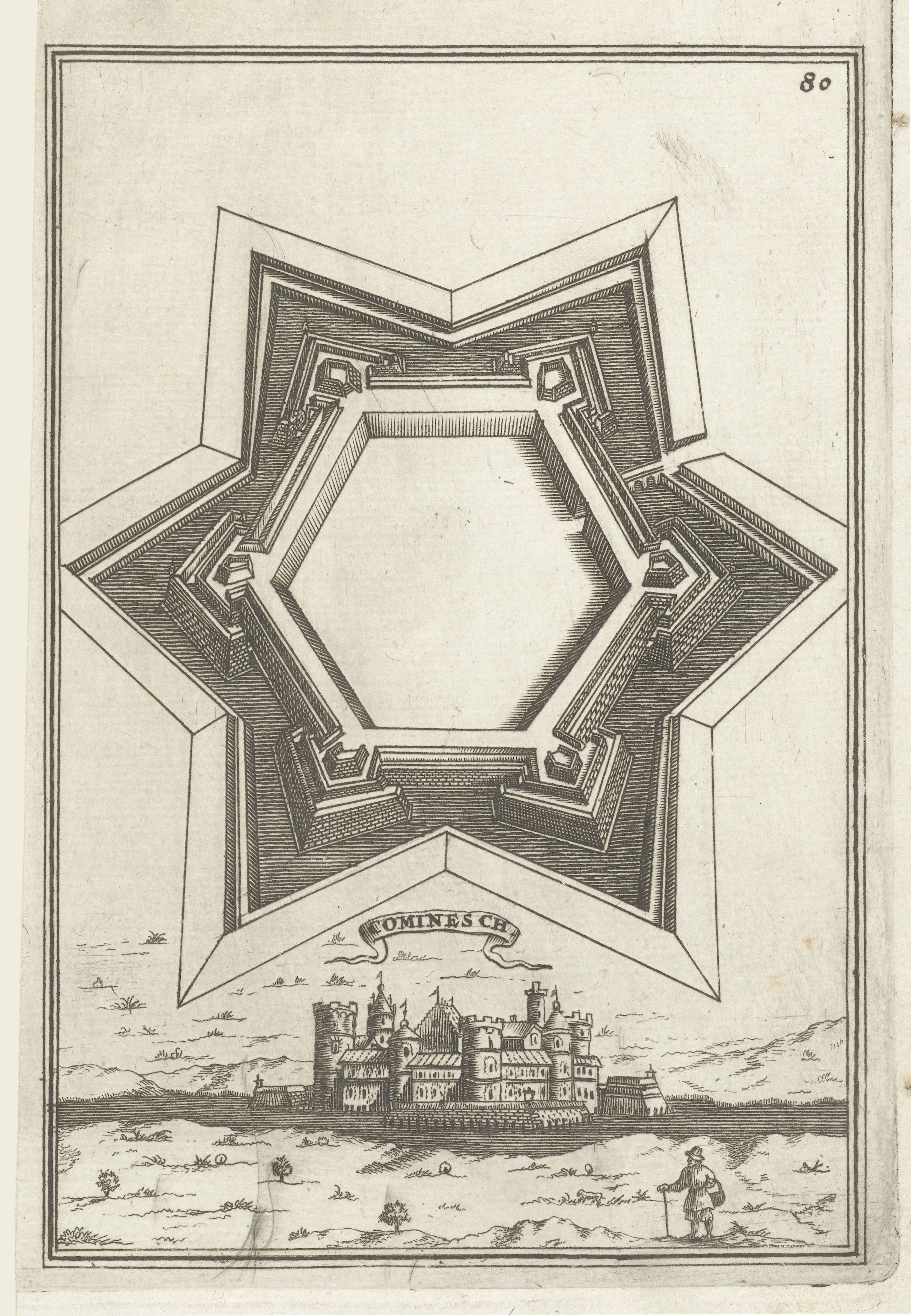 Vintage black and white engraving of a star-shaped fort and a castle in a landscape.
