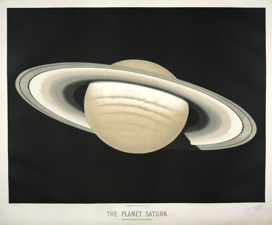 A vintage illustration of the planet Saturn, showing its pale yellow sphere and prominent rings against a black background.
