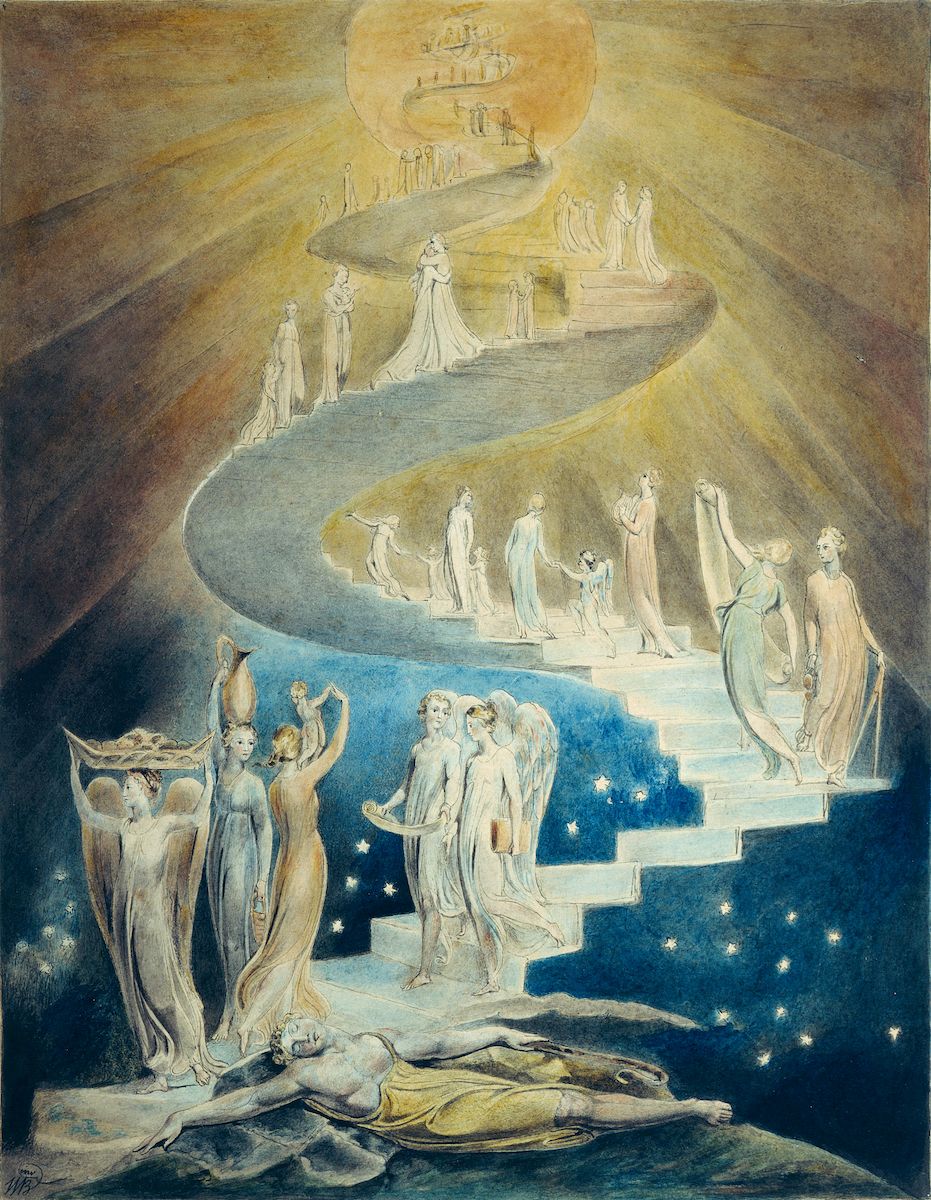 A watercolor painting by William Blake titled 'The Vision of the Staircase'. The composition is dominated by a series of ascending staircases populated by ethereal figures.