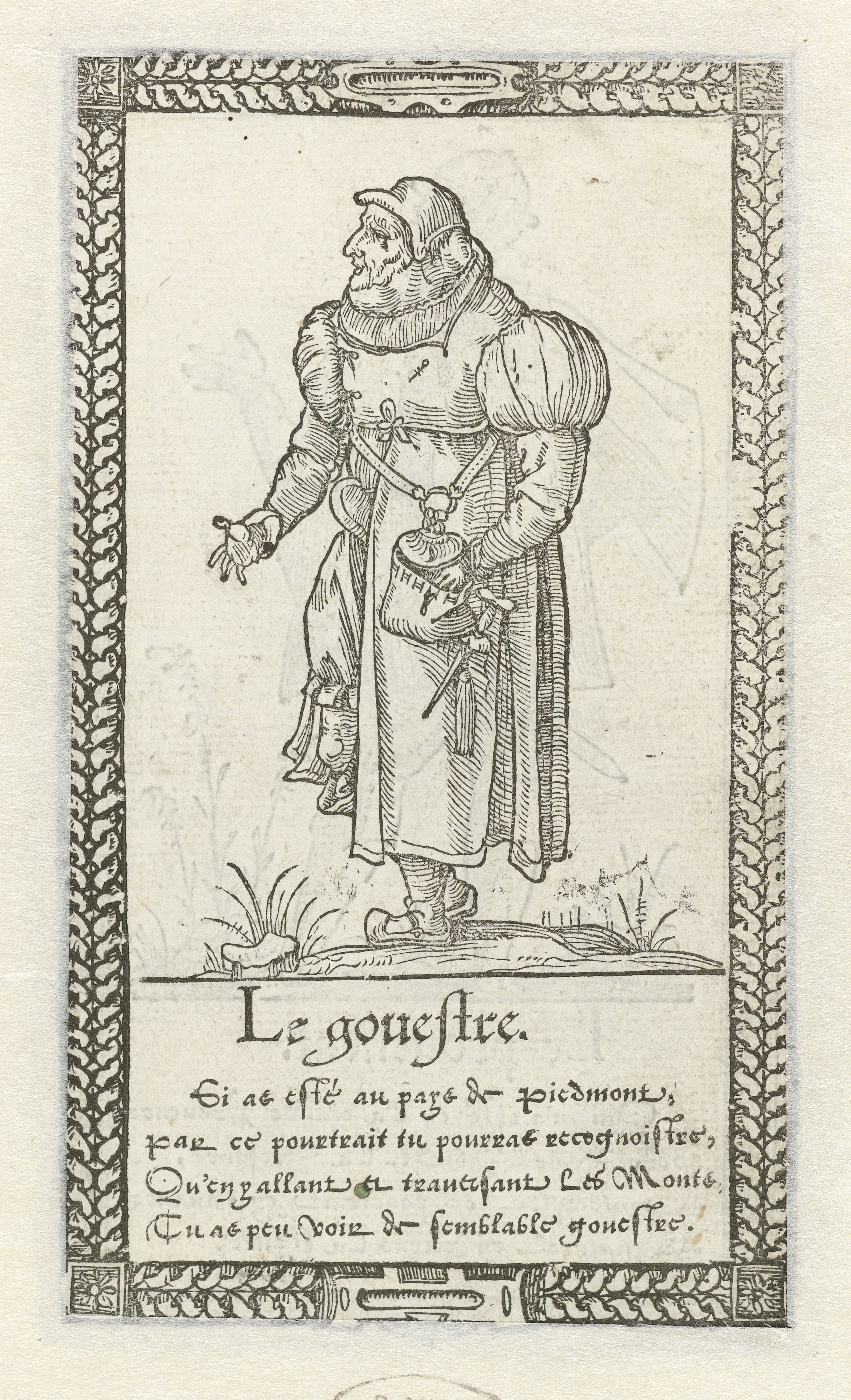 A black and white engraving of a person with a hunchback, holding a bucket, standing in a field, with text below.