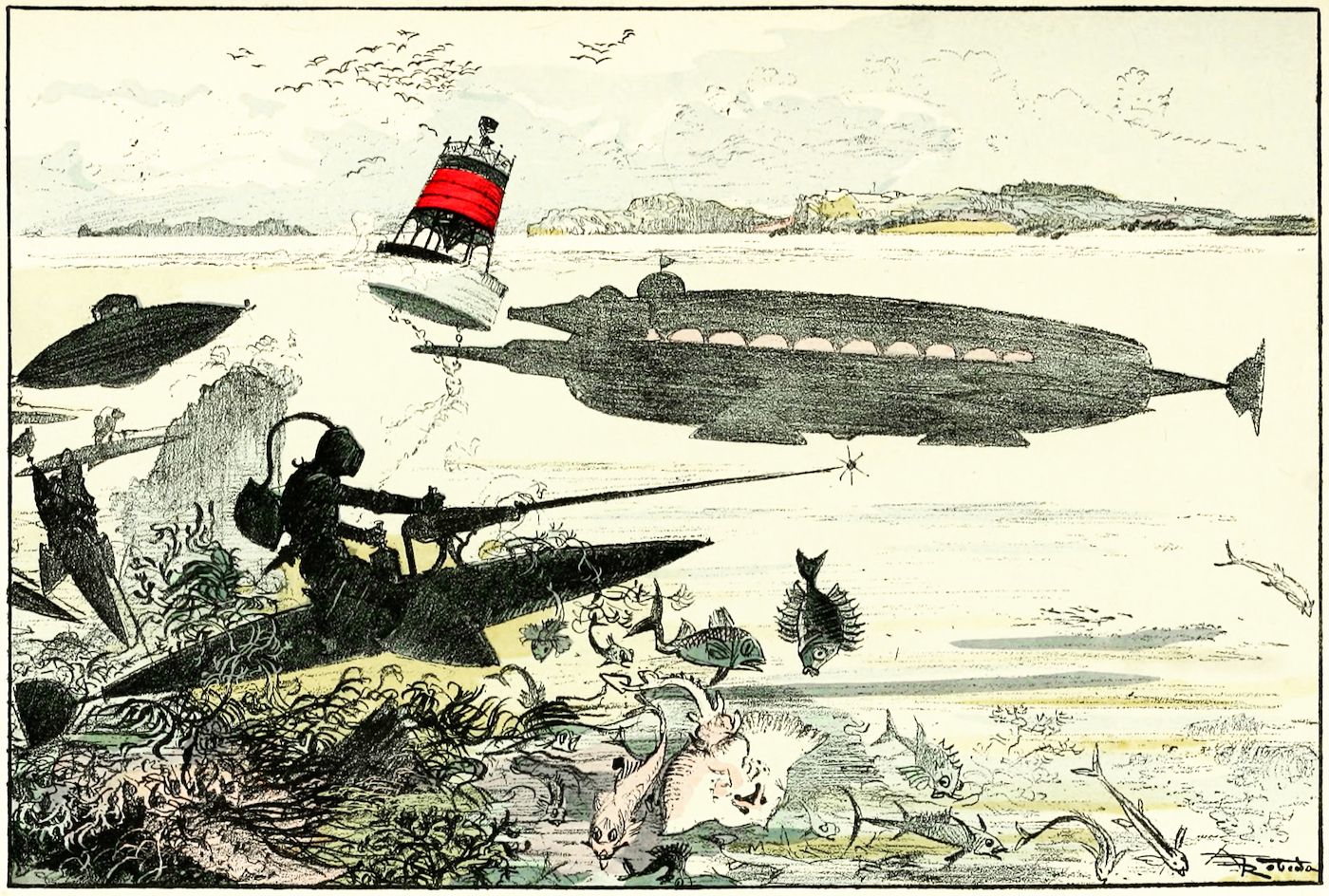 Vintage illustration of a diver in a submarine aiming a harpoon at a whale-shaped submarine, with a lighthouse and flying saucer in the background.