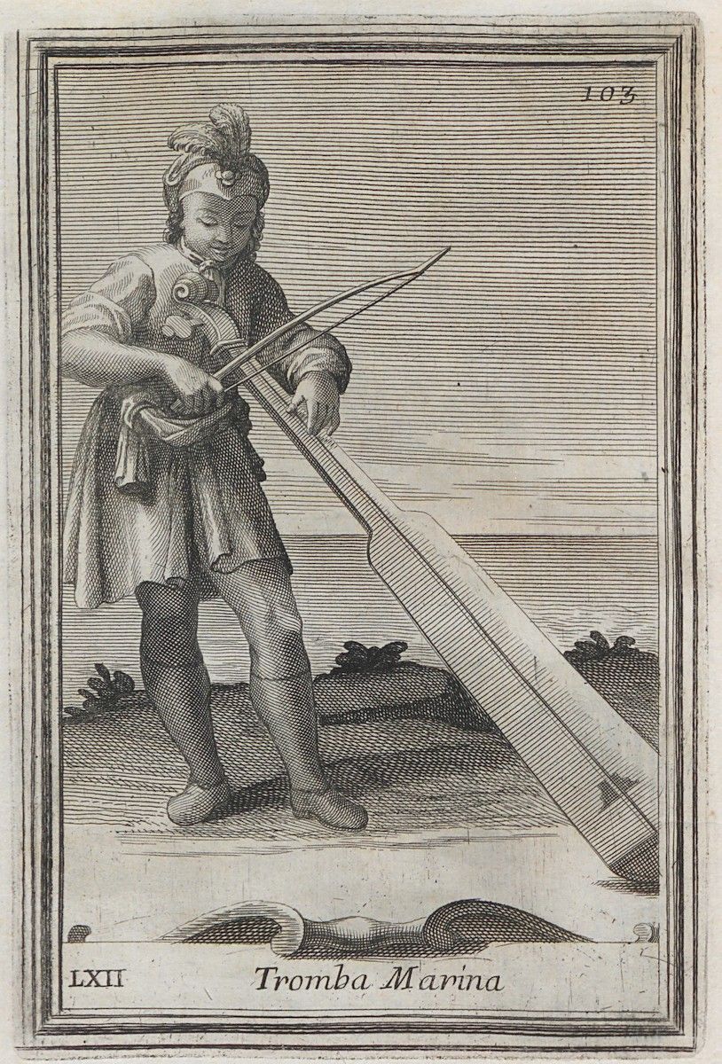 A black and white engraving of a man playing a long, cylindrical instrument called a 'Tromba Marina'.