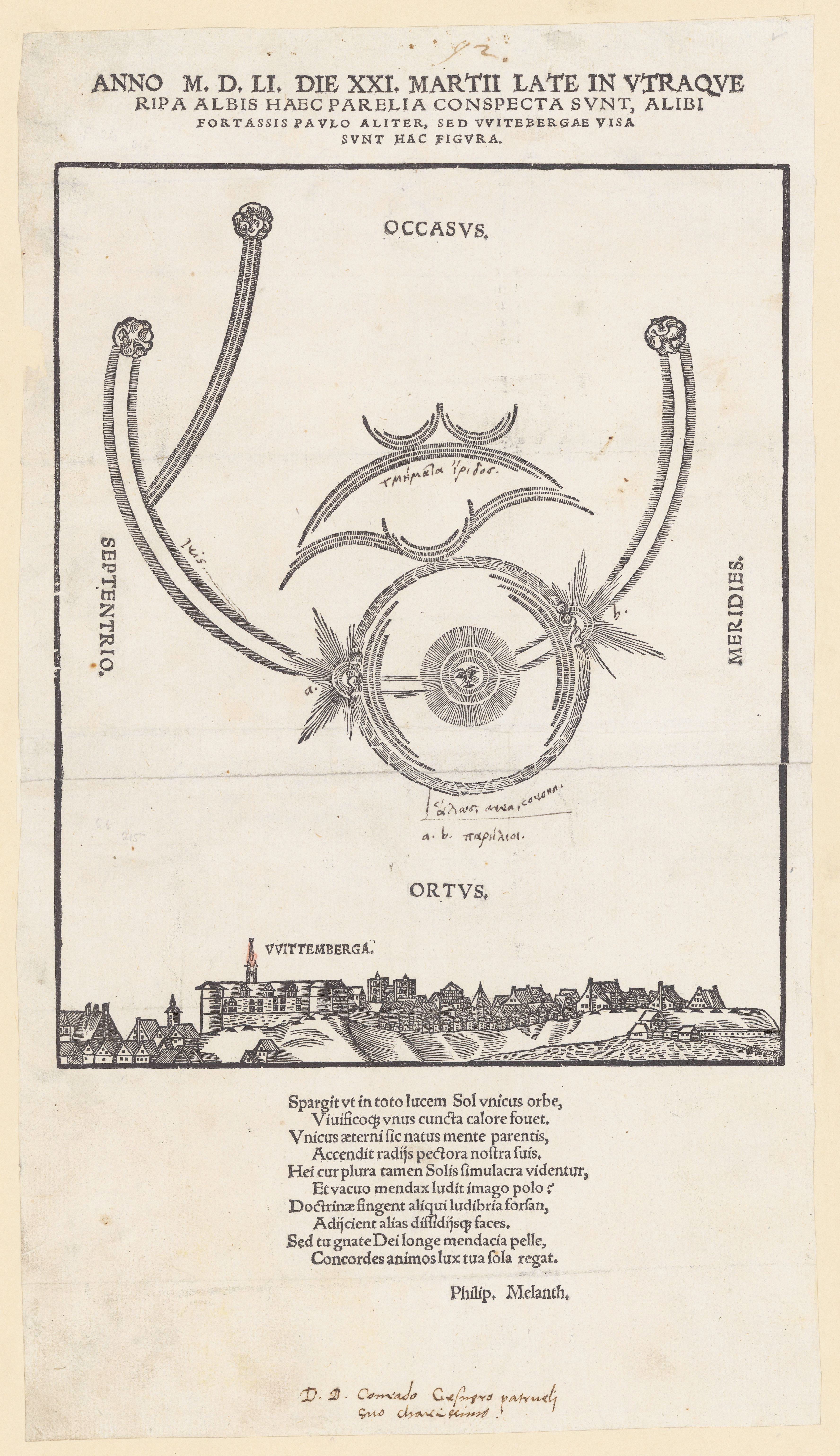 A vintage black and white engraving depicting a celestial phenomenon above a cityscape.