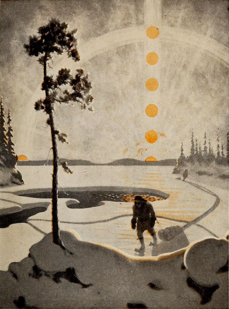 A vintage-style illustration of a lone figure walking across a frozen landscape towards a line of golden suns.
