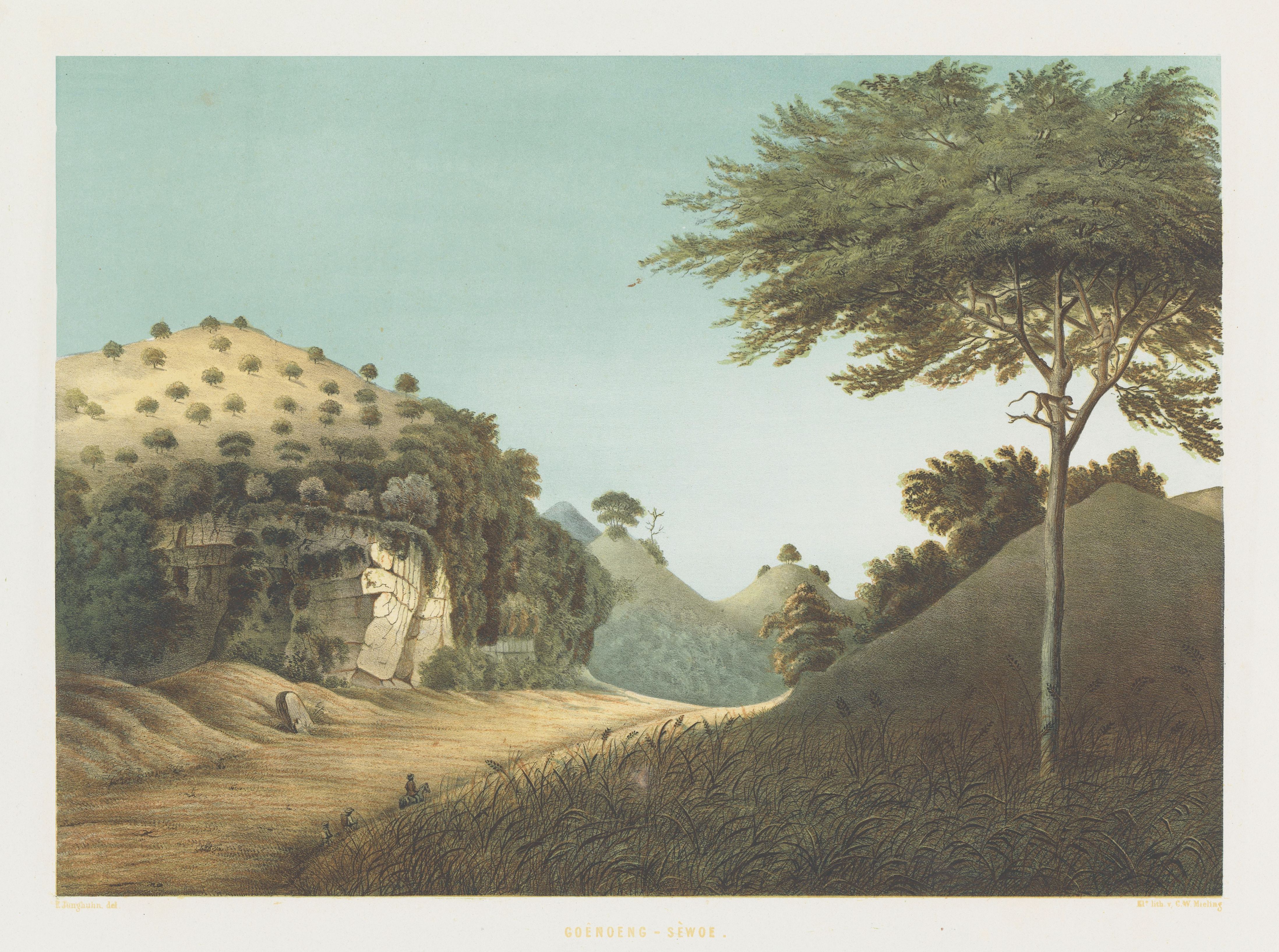 Vintage lithograph of a hilly landscape with a solitary tree and a cliff face.