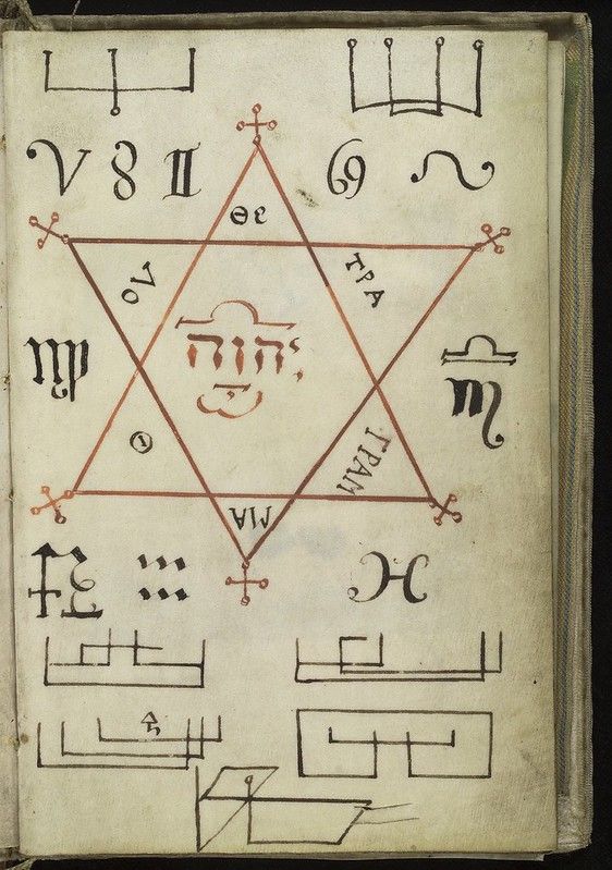 A page from an old book or manuscript filled with occult symbols and text. A prominent red pentagram dominates the center of the page, with various symbols and letters inscribed within its points and along its lines.