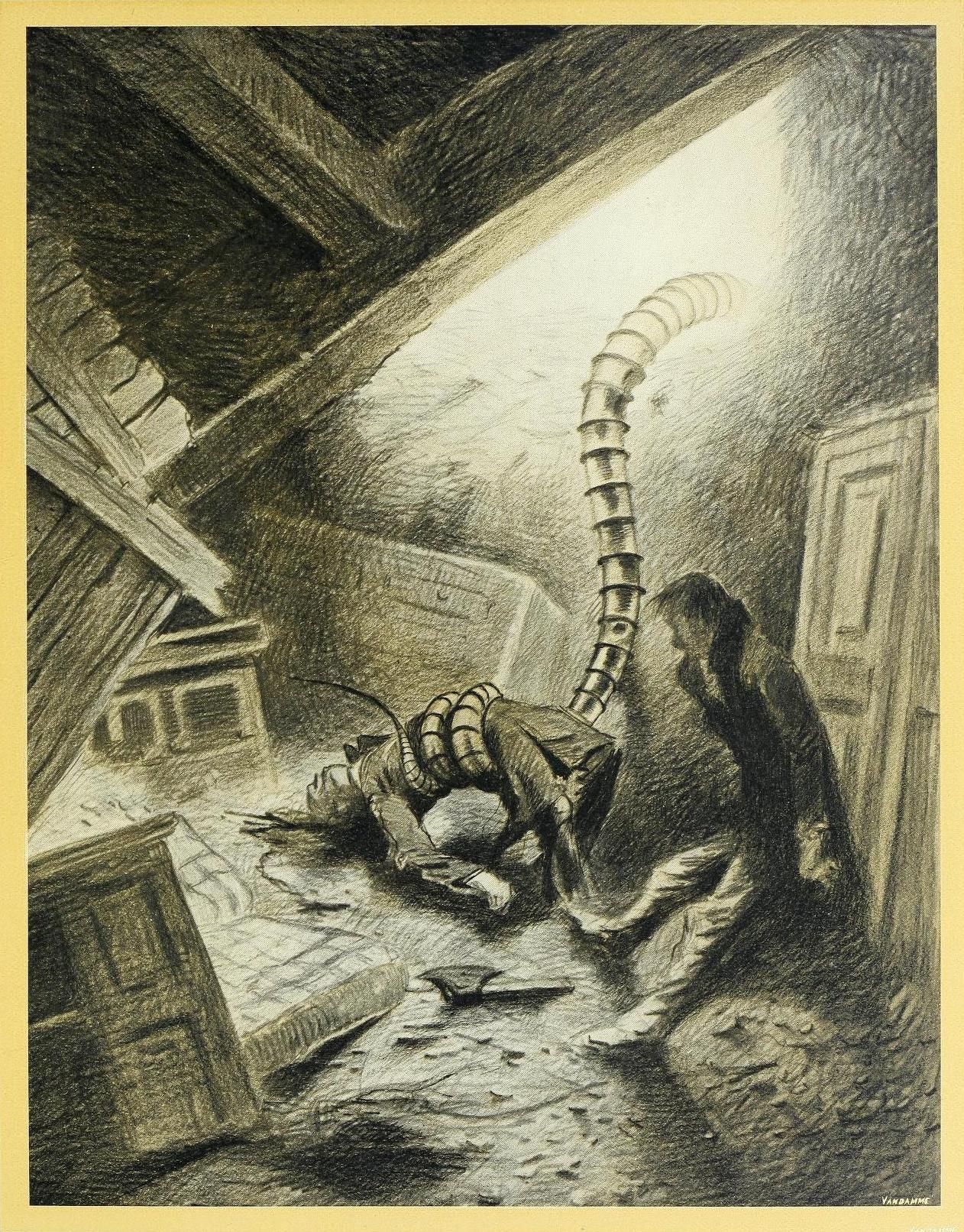 A black and white pencil drawing of a person being attacked by a giant scorpion in a cluttered attic.
