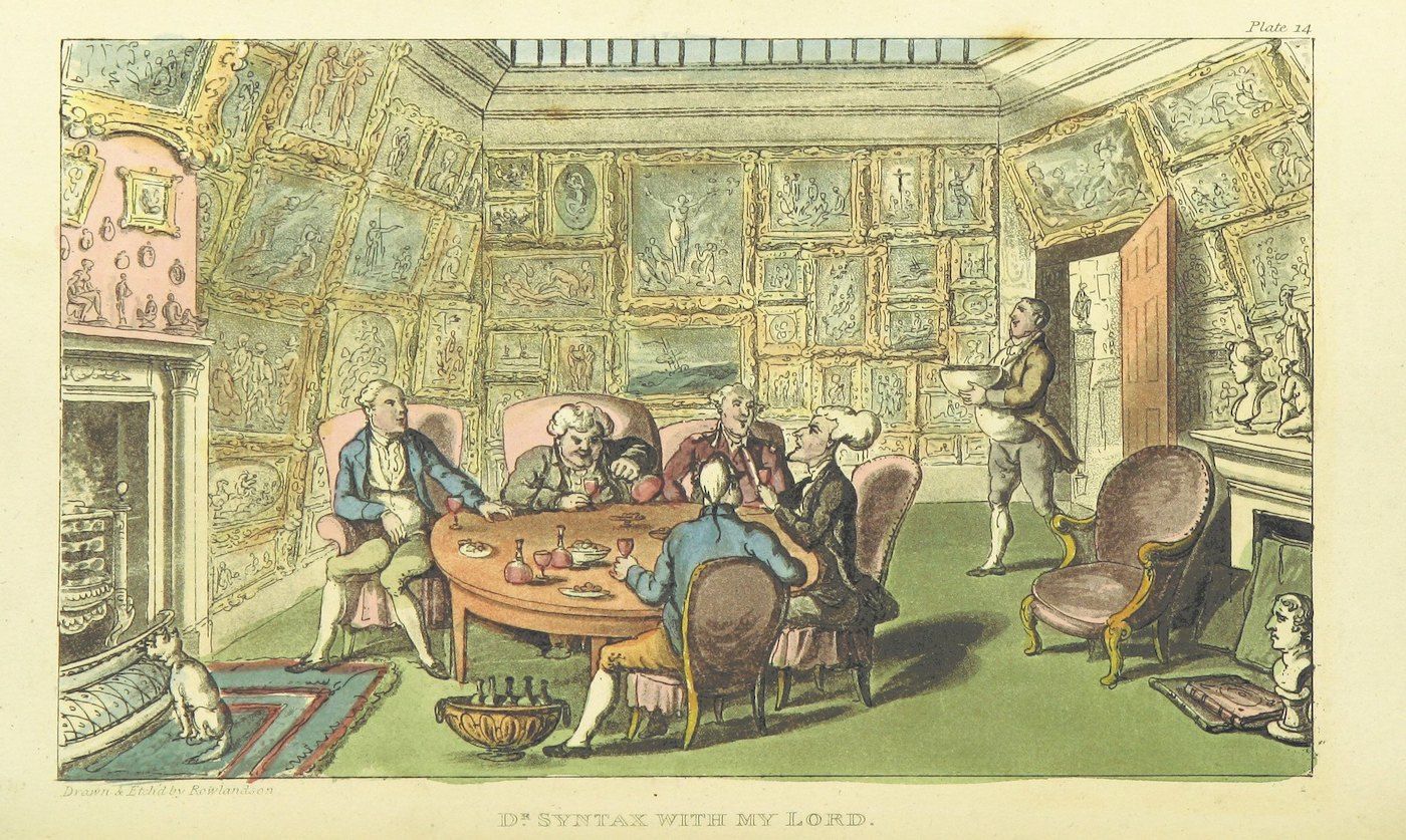 A hand-colored etching titled "D. Syntax with My Lord." The scene takes place in a lavishly decorated room with a fireplace, rug, table, and several men in period clothing.
