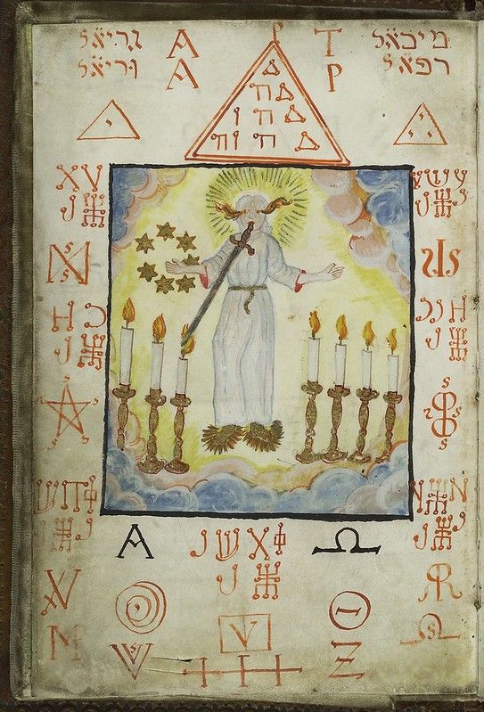 A medieval illustration featuring a central figure surrounded by candles and adorned with ancient symbols and text.