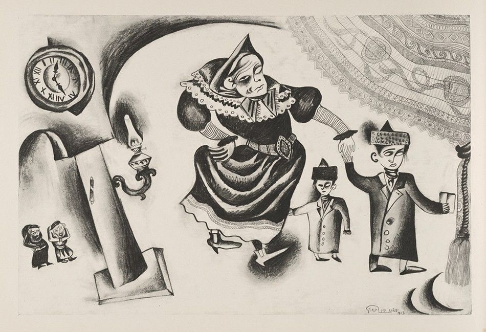 A black and white lithograph depicting a large woman leading two children past a tombstone and clock.